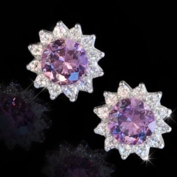 Jewelry - Moissanite Earrings Halo amethyst hue Sunburst Stud Earrings Sterling Silver